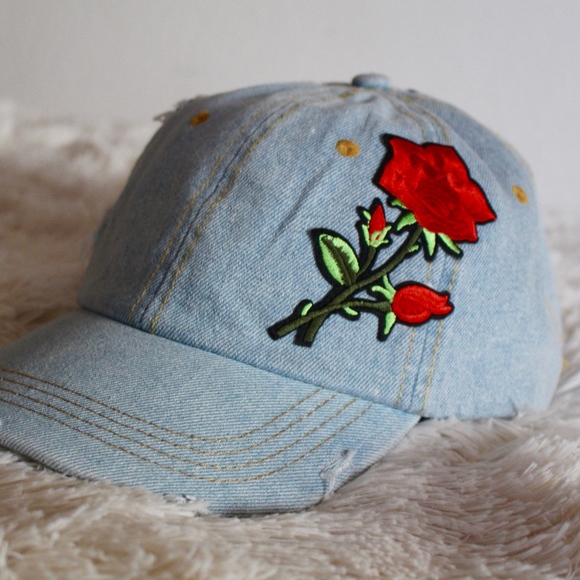 NWT! DISTRESSED DENIM HAT W/ EMBROIDERED ROSE - Picture 2 of 6